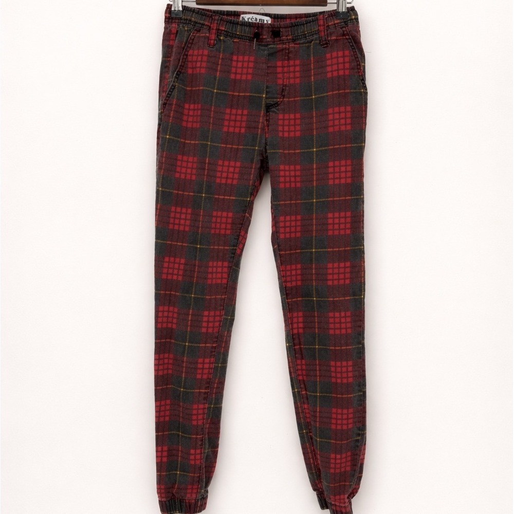 Y2K Kreamy Women Medium Jogger Pants Red Plaid Tartan Elastic Waist Grunge Punk